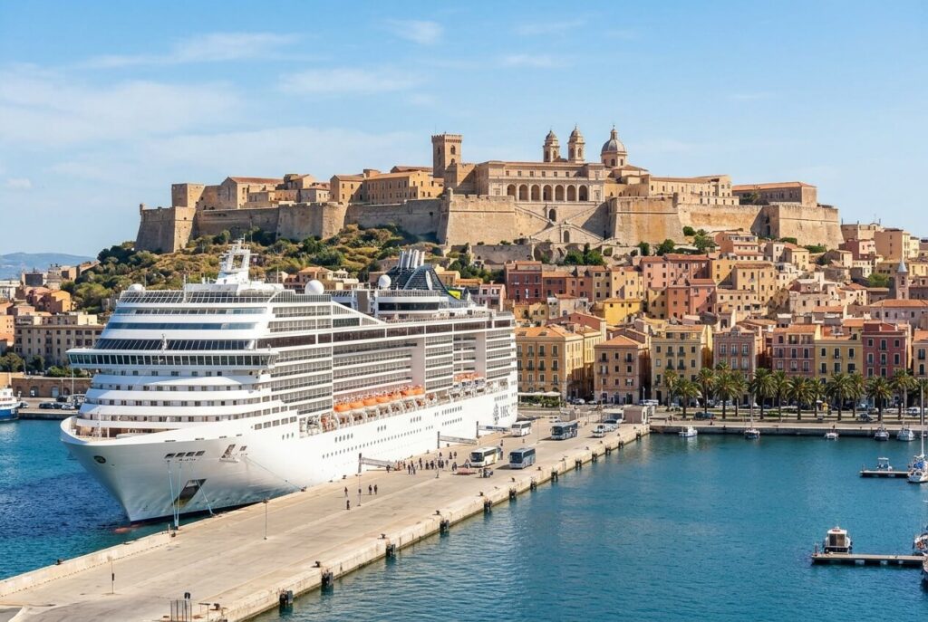 Olbia ou Cagliari : la Sardaigne vue depuis un bateau de croisière 2 Grand paquebot de croisière accosté au port de Cagliari face aux remparts historiques du quartier Castello.