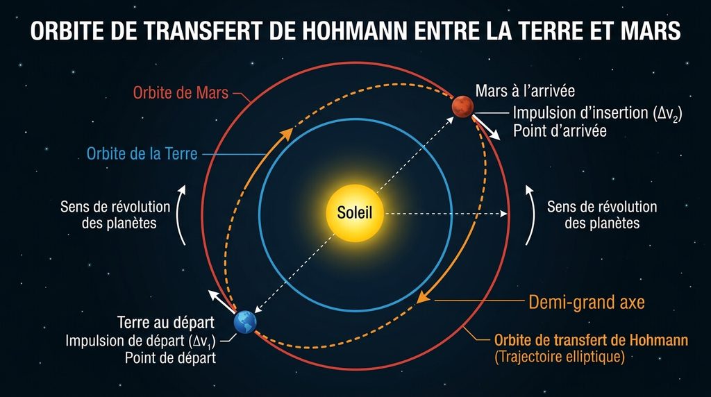 Combien de temps pour aller sur Mars : durée du voyage 3 Schéma de l'orbite de transfert de Hohmann entre la Terre et la planète Mars.