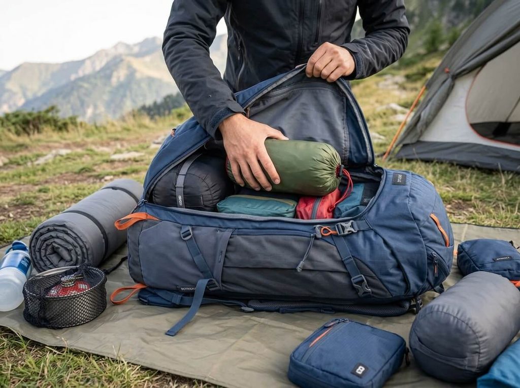 Forclaz Symbium 60 2000 : poids, prix et gamme actuelle 4 Rangement du matériel de bivouac par le panneau frontal zippé du sac de randonnée.