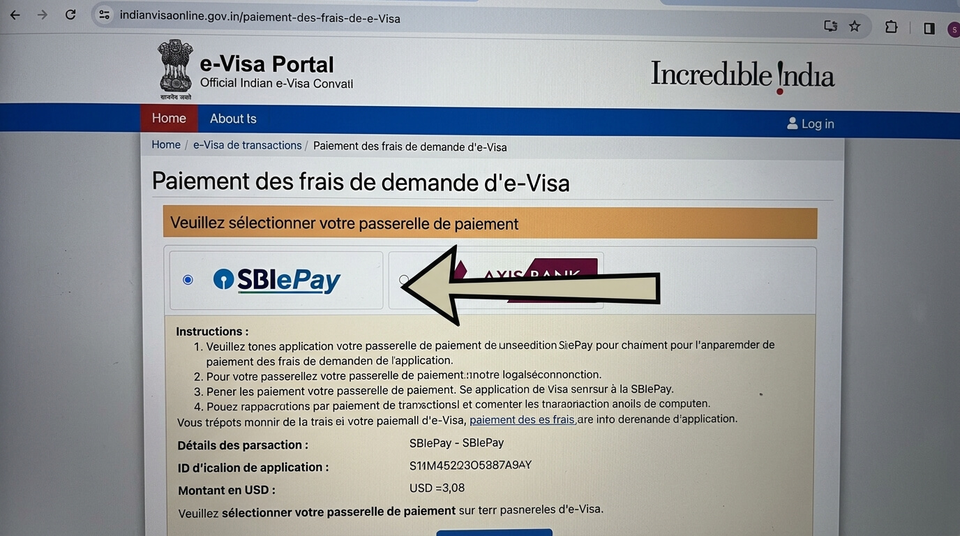 Écran de sélection de la passerelle SBIePay sur le portail officiel de l'e-Visa indien.
