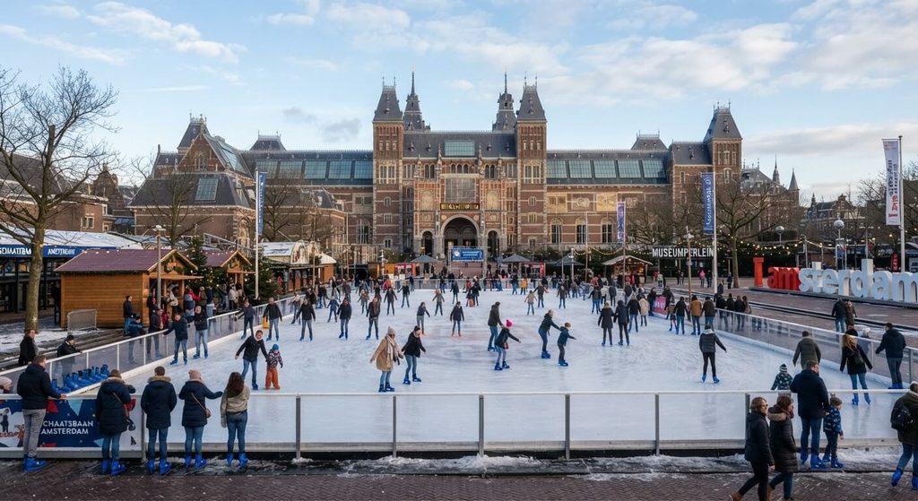 Amsterdam en décembre : météo, Noël et meilleure période pour y aller 3 Patinoire éphémère de plein air installée sur la place Museumplein devant le Rijksmuseum.