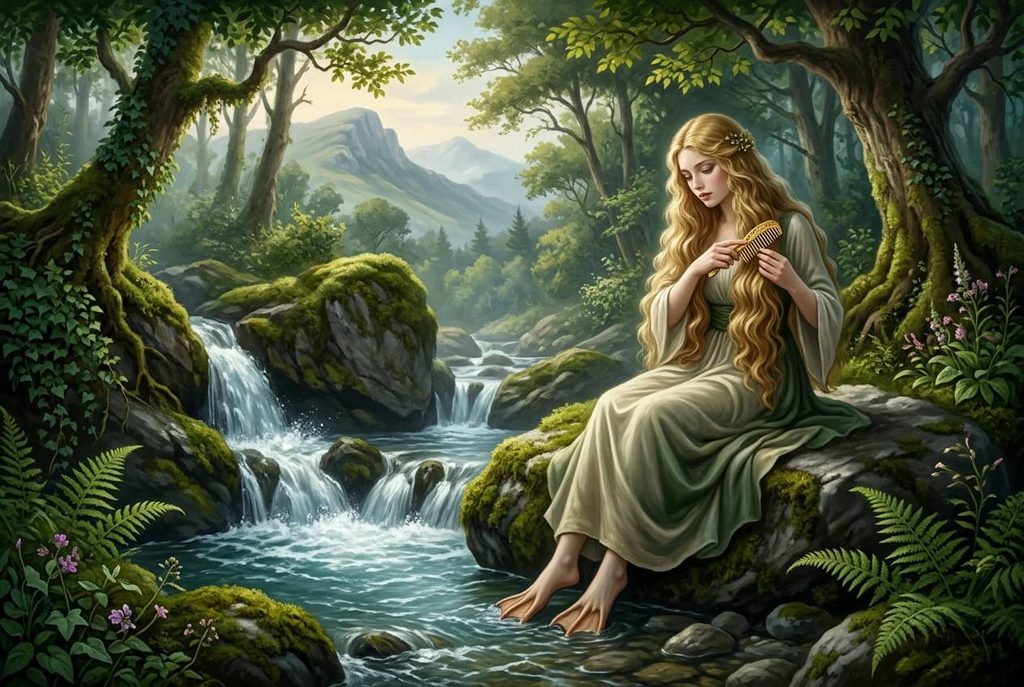 Laminaks : qui sont ces créatures de la mythologie basque ? 3 Représentation artistique d'une créature Lamina assise au bord d'une source d'eau vive.