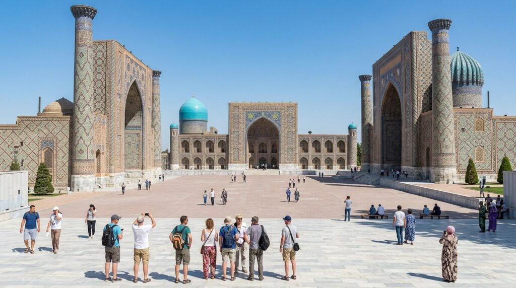 Voyager en Ouzbékistan est-il dangereux ? avis et conseils 2 Touristes se promenant paisiblement sur la place du Régistan à Samarcande en Ouzbékistan.
