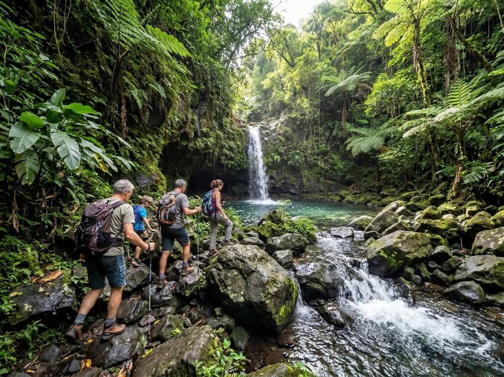Bassin Capillaire à La Réunion : accès, randonnée et baignade 3 Marcheurs progressant le long du lit de la rivière vers le bassin Capillaire.