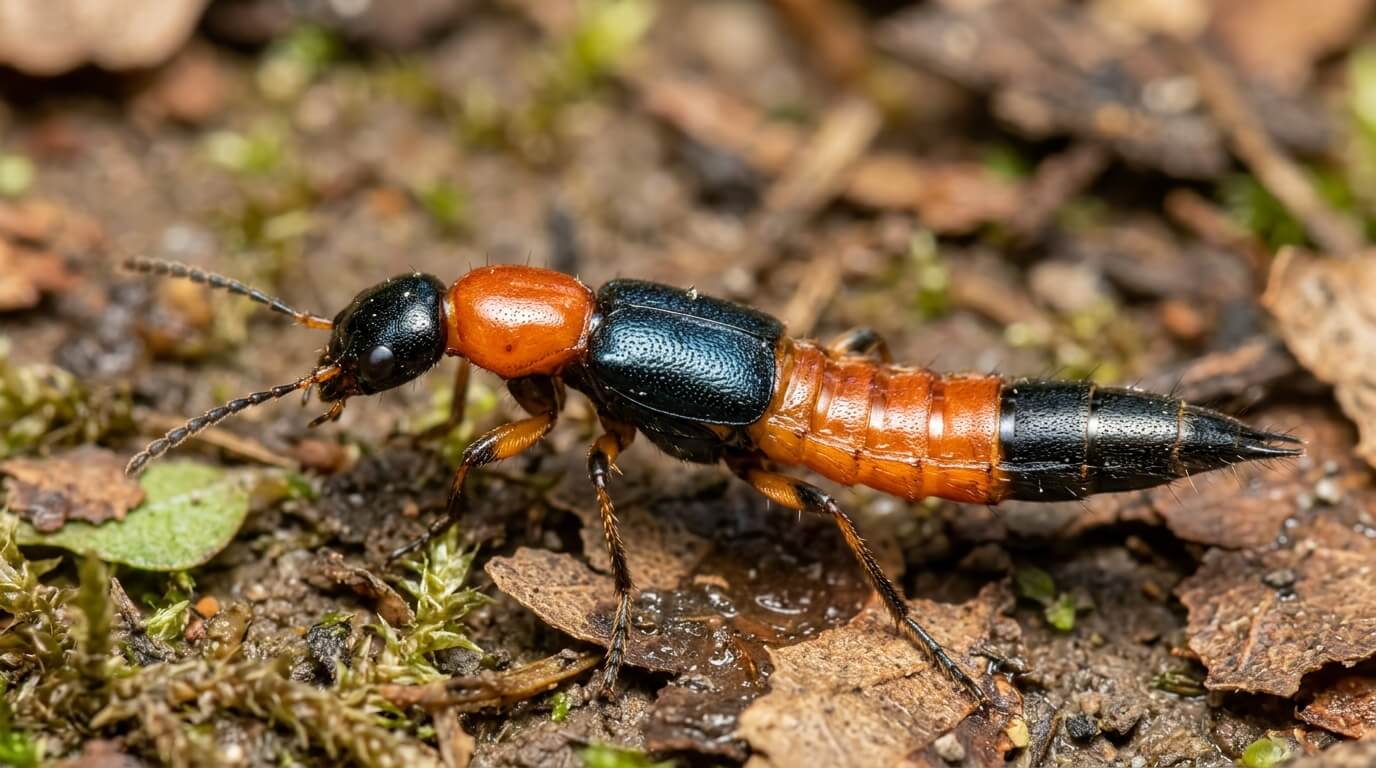 Insecte staphylin Paederus appelé Tomcat aux rayures caractéristiques orange et noir.