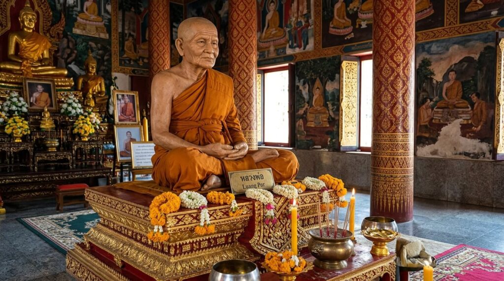 Luang Por : signification, statut et rôle du moine vénérable en Thaïlande 2 Statue grandeur nature en cire d'un moine vénéré portant le titre de Luang Por dans un temple thaïlandais.