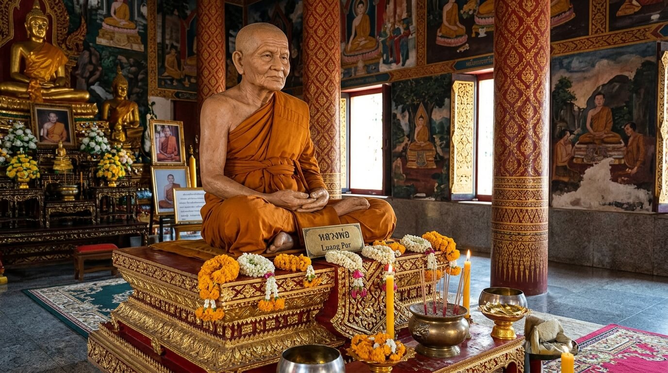 Statue grandeur nature en cire d'un moine vénéré portant le titre de Luang Por dans un temple thaïlandais.