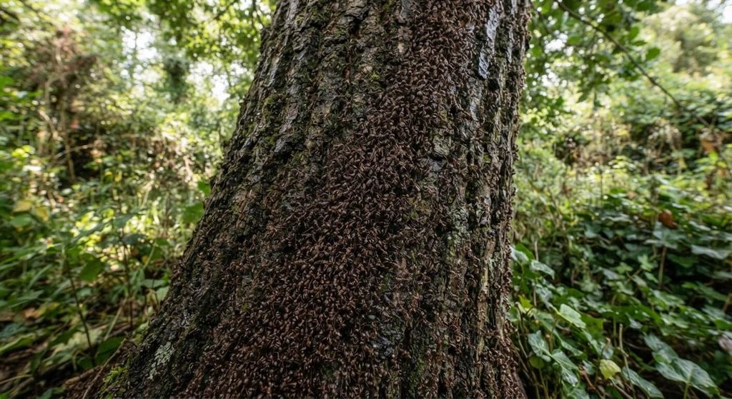 File ininterrompue de fourmis invasives le long d'un tronc d'arbre dans un jardin infesté.