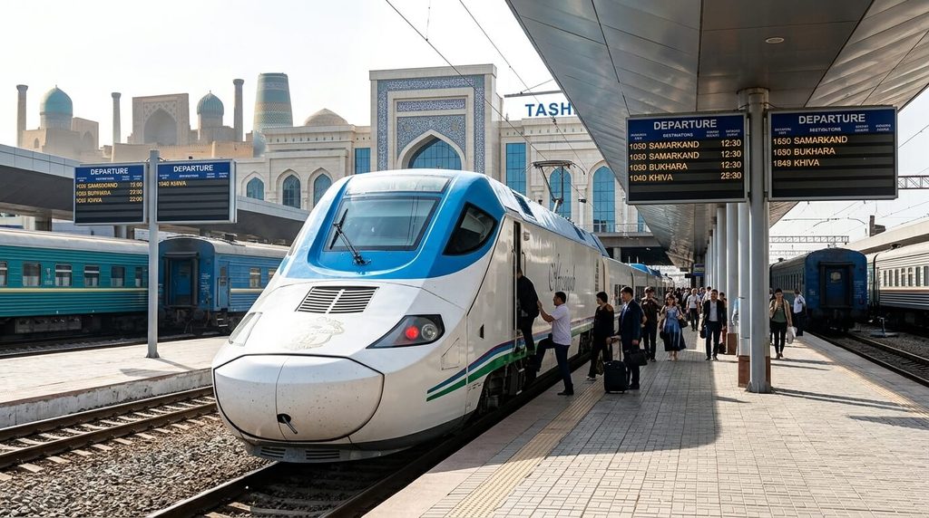 Voyager en Ouzbékistan est-il dangereux ? avis et conseils 3 Train moderne à grande vitesse Afrosiyob en gare de Tachkent reliant les grandes villes historiques.
