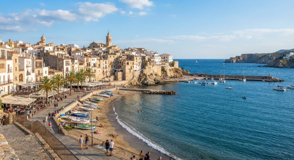 Vue sur le front de mer et le vieux village de L'Escala sur la Costa Brava.