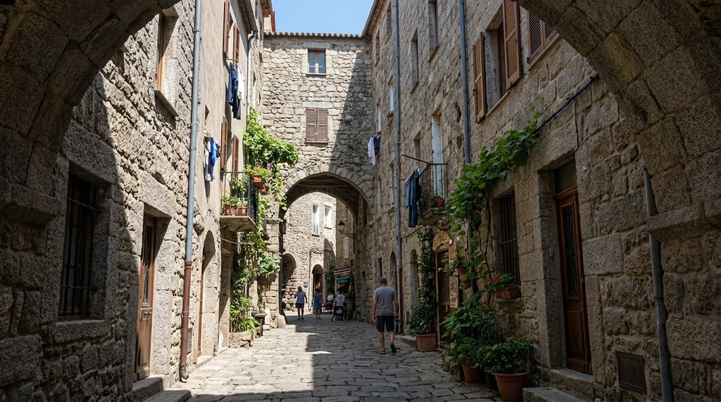 Que faire à Propriano et alentours : que voir dans le golfe du Valinco 3 Hautes maisons médiévales en blocs de granit gris dans les ruelles ombragées de Sartène.