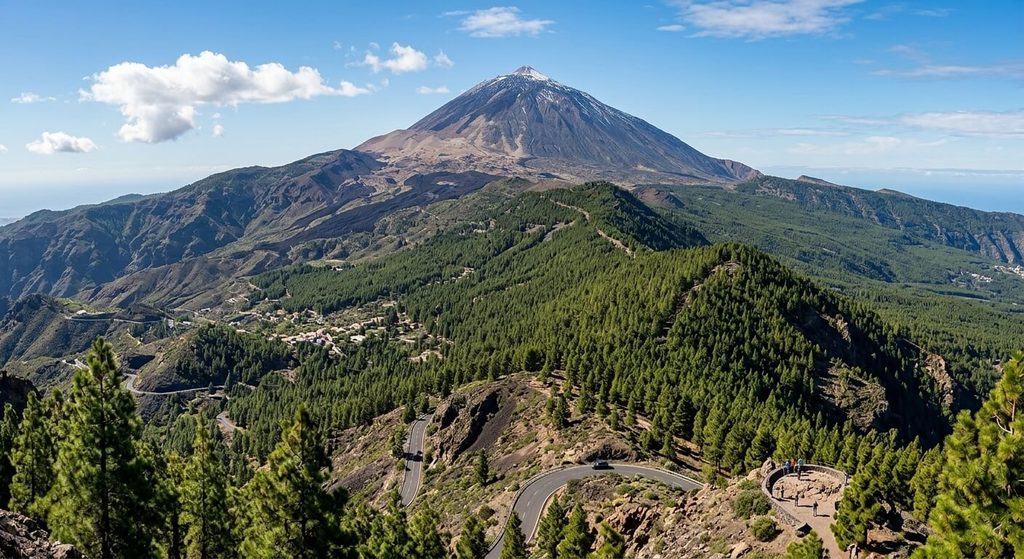 Ténérife ou Lanzarote : quelle île des Canaries choisir pour son séjour ? 3 Sommet volcanique du Teide dominant les forêts de pins sur l'île de Ténérife.