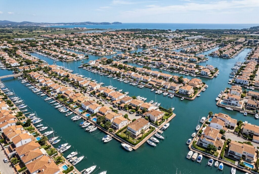 Vue aérienne des canaux résidentiels et des bateaux amarrés à Empuriabrava.