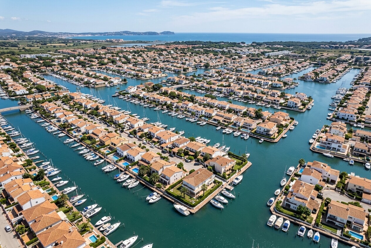 Vue aérienne des canaux résidentiels et des bateaux amarrés à Empuriabrava.