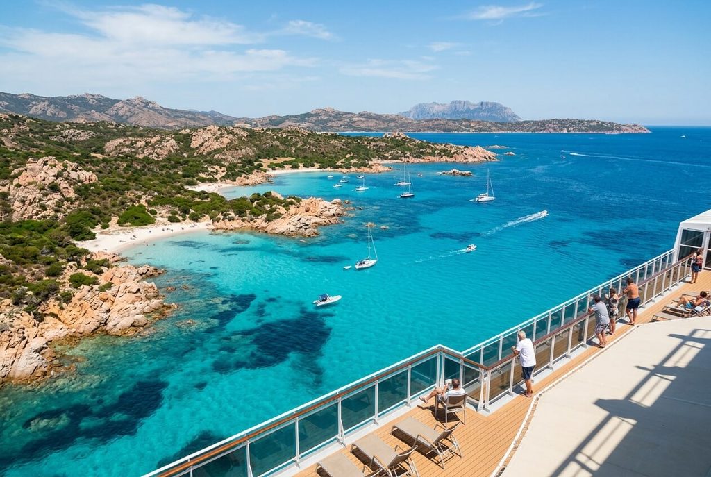 Olbia ou Cagliari : la Sardaigne vue depuis un bateau de croisière 3 Vue panoramique depuis le pont supérieur d'un navire sur les criques et eaux turquoise près d'Olbia.